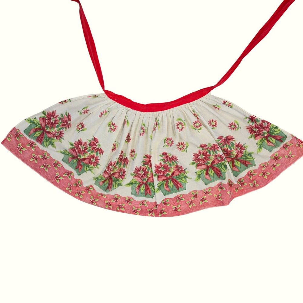 Vintage Christmas Apron Poinsettia Floral Print red Waist Ties Holiday Hostess - Picture 9 of 10